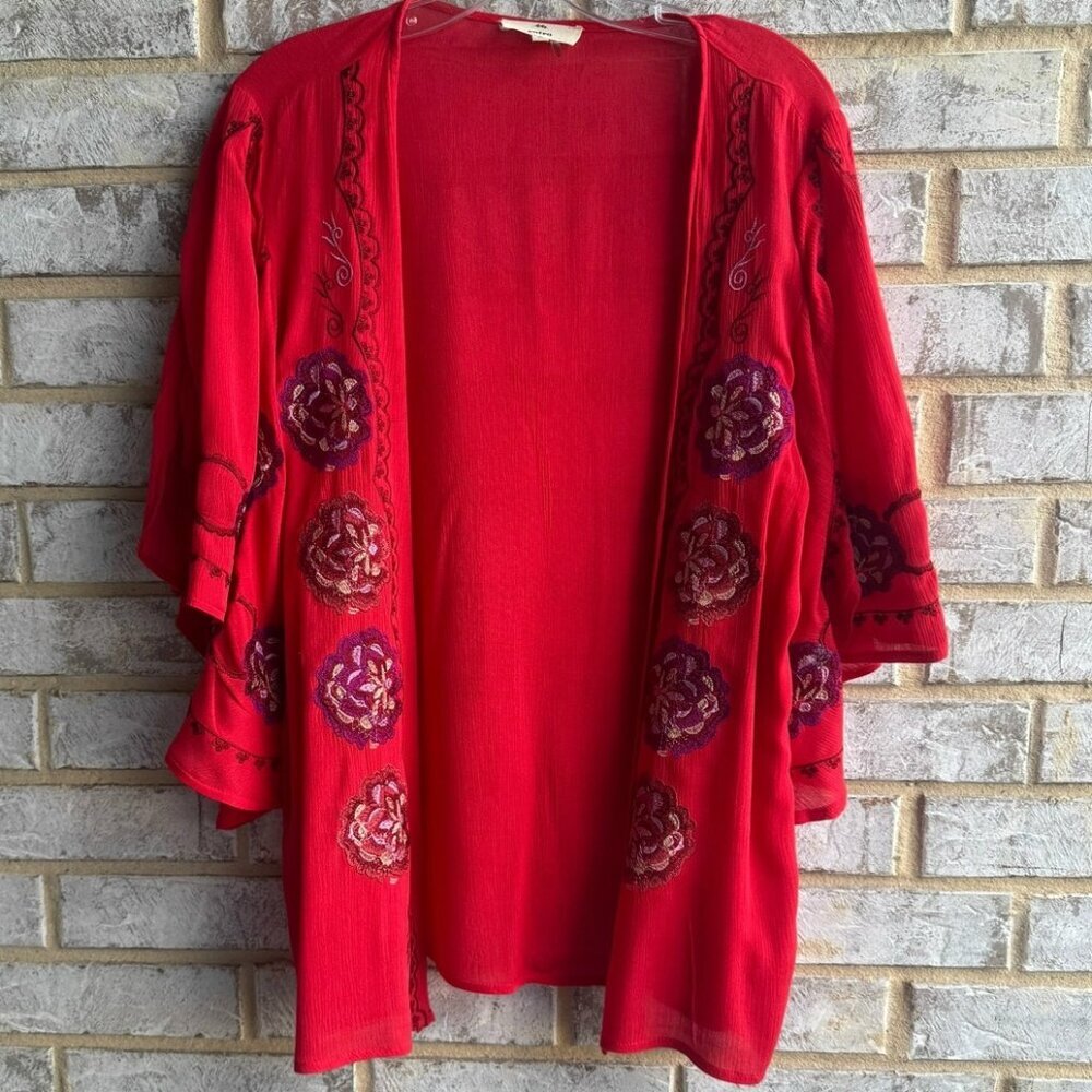 ENTRO 3/4 Sleeve Embroidered Floral Open Front Kimono Cover Up Women's Size M